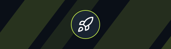 A deep navy band with diagonal lime stripes and a ring holding a rocket glyph