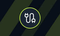 A deep navy tile with diagonal lime stripes and a ring holding a network cable glyph