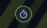 A deep navy tile with diagonal lime stripes and a ring holding a stopwatch glyph