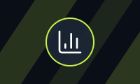 A deep navy tile with diagonal lime stripes and a ring holding a bar chart glyph