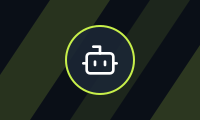 A small navy tile with diagonal lime stripes and a ring holding a robot glyph