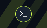 A small navy tile with diagonal lime stripes and a ring holding a terminal prompt glyph
