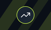 A small navy tile with diagonal lime stripes and a ring holding a rising trend-line glyph