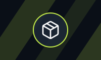 A small navy tile with diagonal lime stripes and a ring holding a package glyph