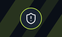 A small navy tile with diagonal lime stripes and a ring holding a shield glyph with an alert mark